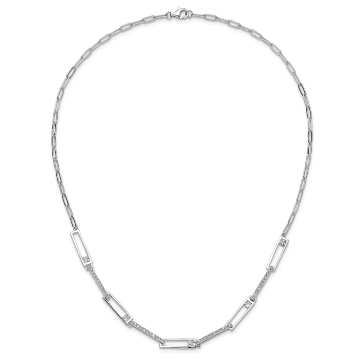 Rhodium Over Sterling Silver Fancy Cubic Zirconia Paperclip Link Necklace