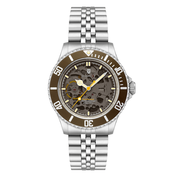 Duxot Atlantica Skeleton Diver Brown Dial White Bezel White Stainless
Steel Band Automatic Watch