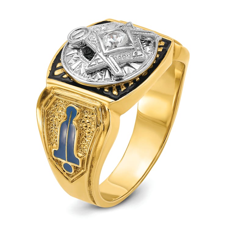 10K Two tone Yellow and White Gold Men s Enameled and Diamond Blue Lodge Masonic Ring 0.15ctw