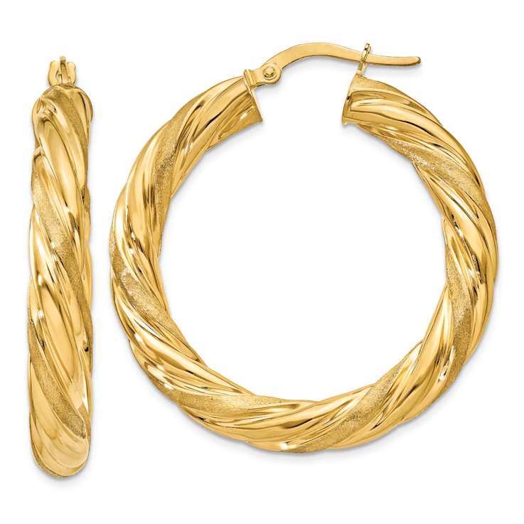 14k Yellow Gold Satin and Polished 1 1/2" Twisted Hoop Earrings