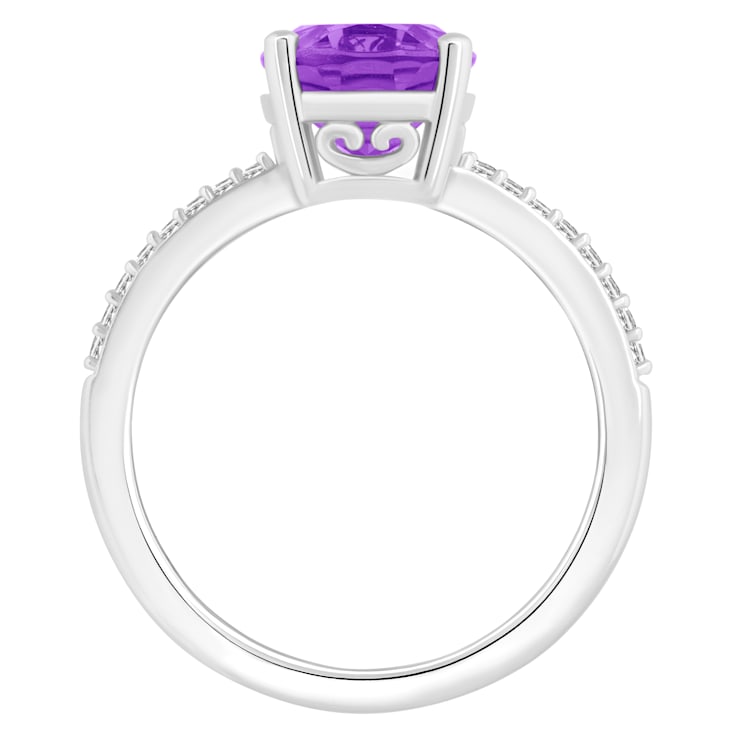 10x8mm Oval Amethyst and 1/10 ctw Diamond Rhodium Over Sterling Silver Ring