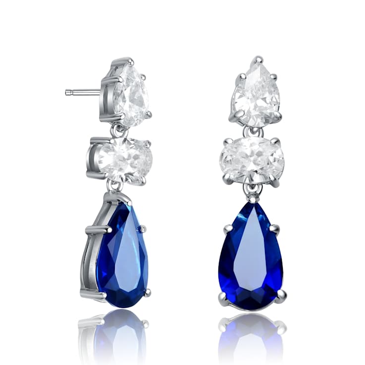 Sapphire Color CZ Drop Earrings In Sterling Silver