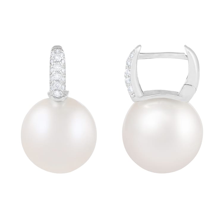 12-13mm White South Sea pearl earrings in 14k white gold with .17CT DTW
