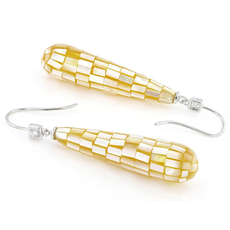 Golden Mother-Of-Pearl And CZ Dangle Earrings In Sterling Silver