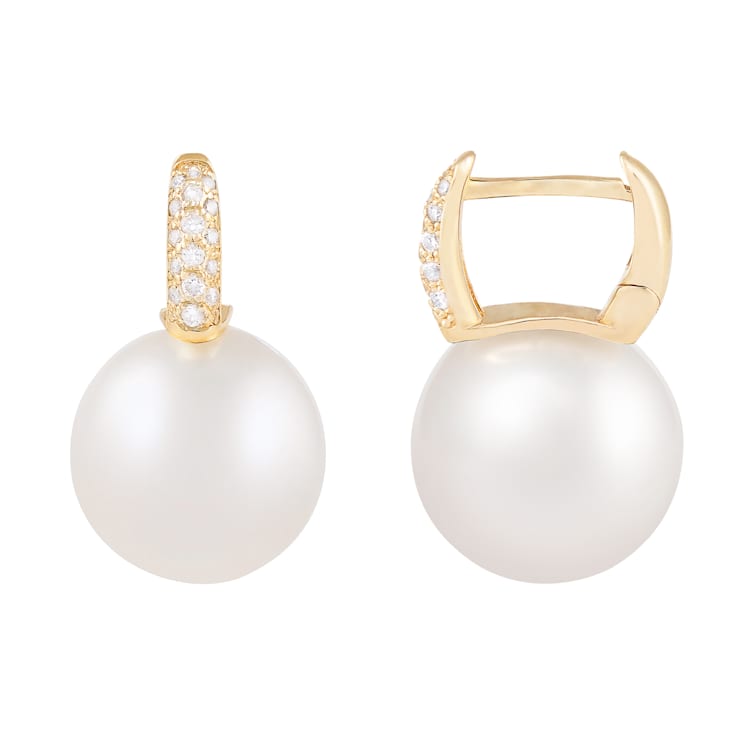12-13mm White South Sea pearl earrings in 14k yellow gold with .17CT DTW