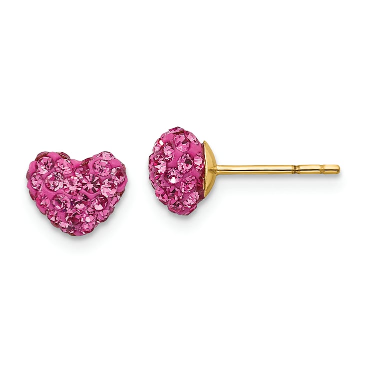 14K Yellow Gold 7mm Children's Pink Crystals Heart Stud Earrings