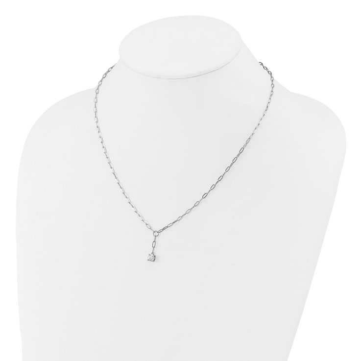 Rhodium Over Sterling Silver Cubic Zirconia Paperclip Link Lariat Necklace