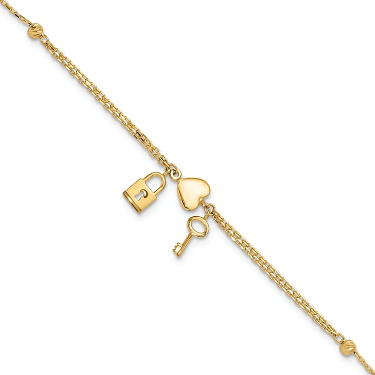 14k Yellow Gold Polished and Diamond-Cut Heart Lock and Key Bracelet