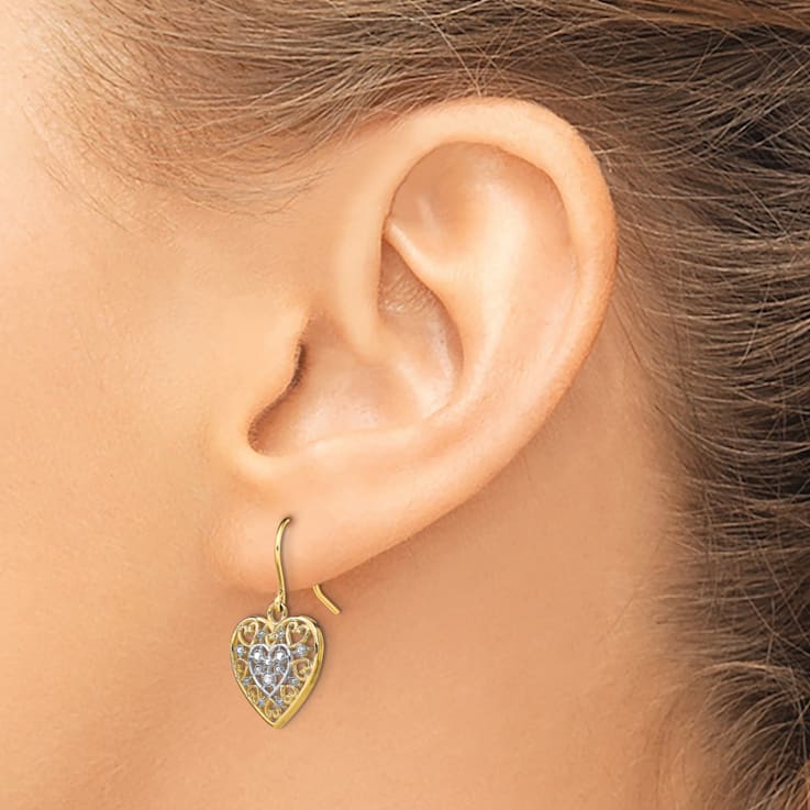 14K Two-tone Gold Polished Filigree Hearts Dangle Earrings