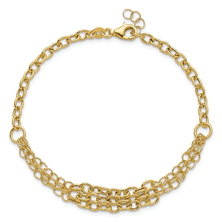 14K Yellow Gold Polished and Textured 3 Layer Fancy with 0.5-inch Ext. Bracelet