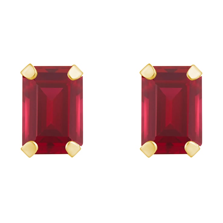 6x4mm Emerald Cut Lab Created Ruby 10k Yellow Gold Stud Earrings