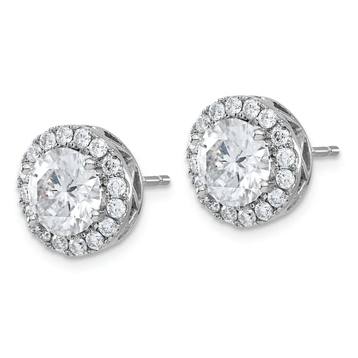 Rhodium Over 14K White Gold Round Halo G H I True Light Moissanite Earrings
