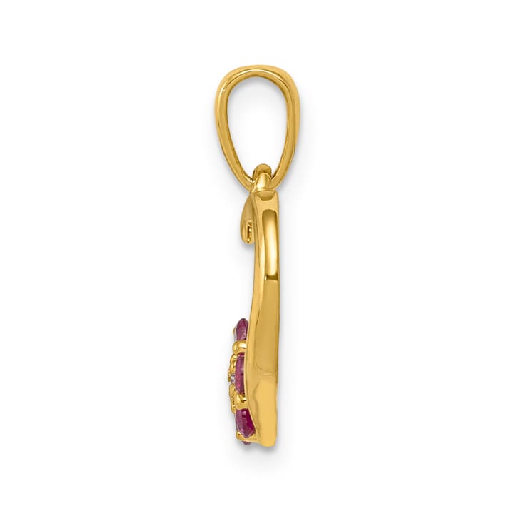 10k Yellow Gold Heart and Flower Pendant with Diamond and 0.21 cttw Ruby Gemstone