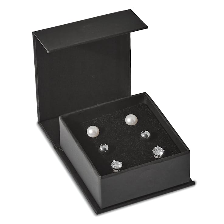 Rhodium Over Sterling Silver Ball/ 6-7mm Button Freshwater Cultured
Pearl/CZ Stud Ear Set