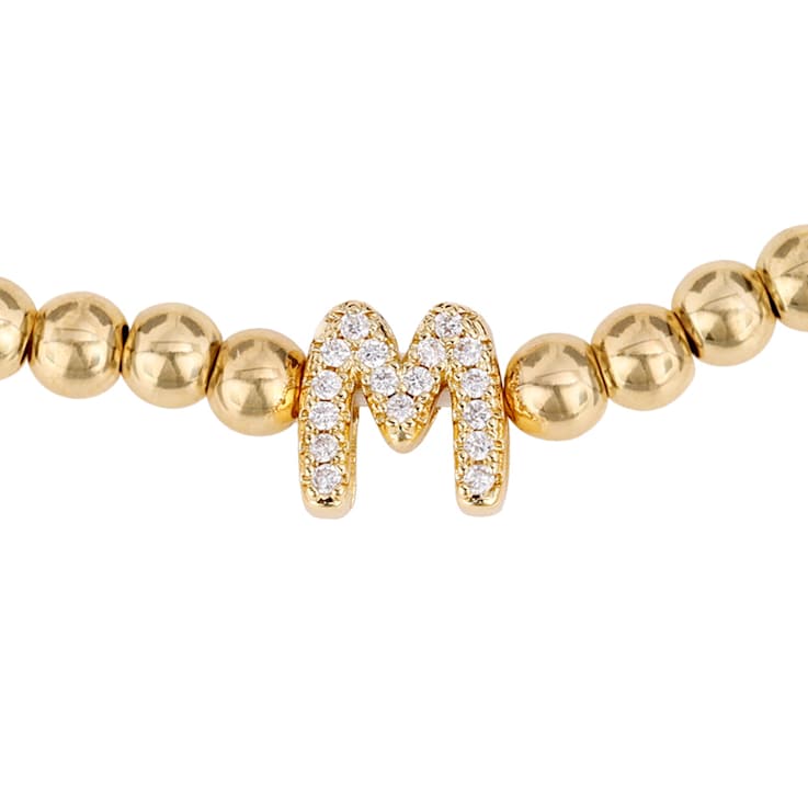 Initial M CZ Beaded Bracelet Set In 14K Gold Over Brass 0.17ctw