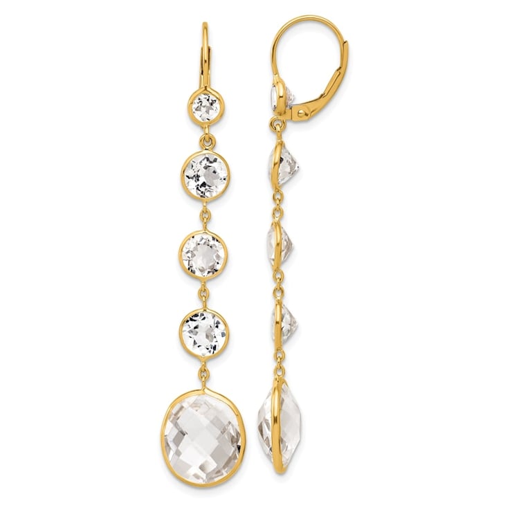14K Yellow Gold Crystal and White Quartz Leverback Dangle Earrings
