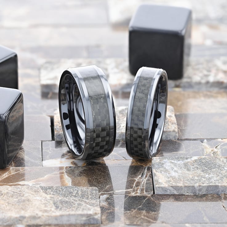 ONYX Black Carbon Fiber Inlaid Black Ceramic Wedding Band 8mm