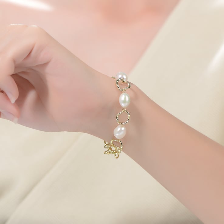 Pear Shape Pearl And CZ Chain Bracelet In 14K Gold Over Sterling Silver
