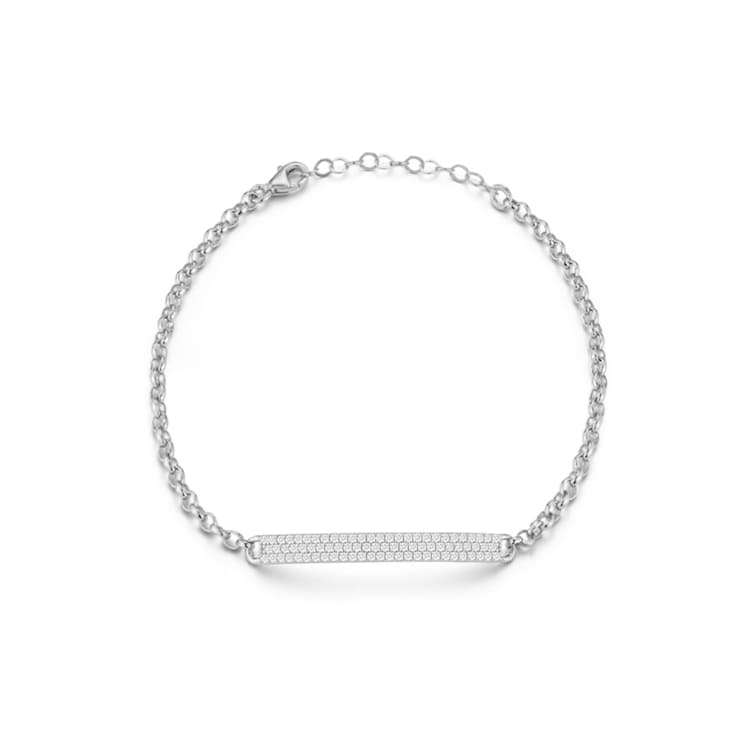 Sterling Statements Rhodium Over Sterling Silver Pave ID Bar Rolo Chain Bracelet