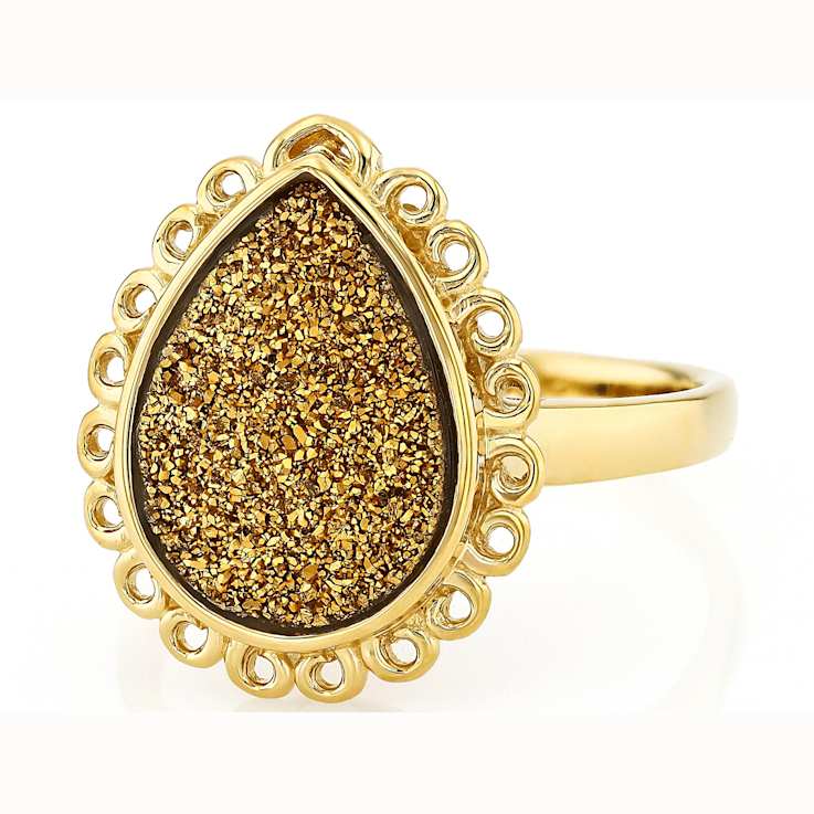 Golden Druzy Quartz Pear Solitaire Ring In 18K Gold Over Sterling Silver 3.61ct