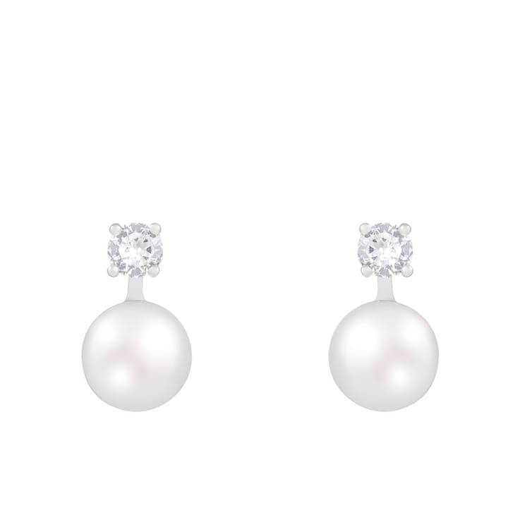7½-8mm White Cultured Freshwater Pearl and Cubic Zirconia Rhodium Over
Sterling Silver Earrings