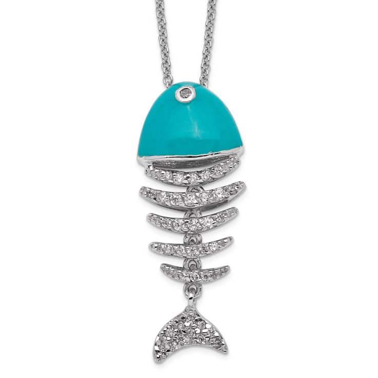 Rhodium Over Sterling Silver Enameled Cubic Zirconia Fish Necklace