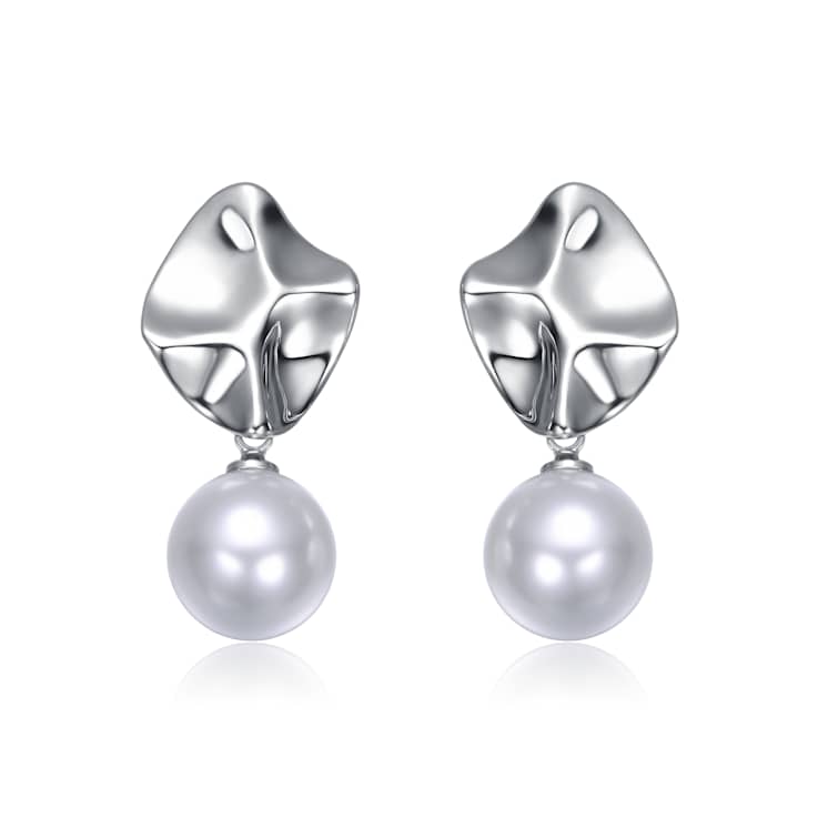 Abstract Pearl Simulant Drop Earrings In White Rhodium Over Brass