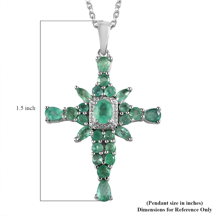 Sterling Silver Zambian Emerald and White Zircon Pendant With Chain 2.15ctw