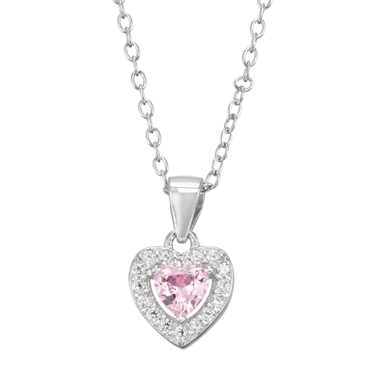 Pink And White Cubic Zirconia Rhodium Over Silver Children's Heart
Pendant With Chain 0.49ctw