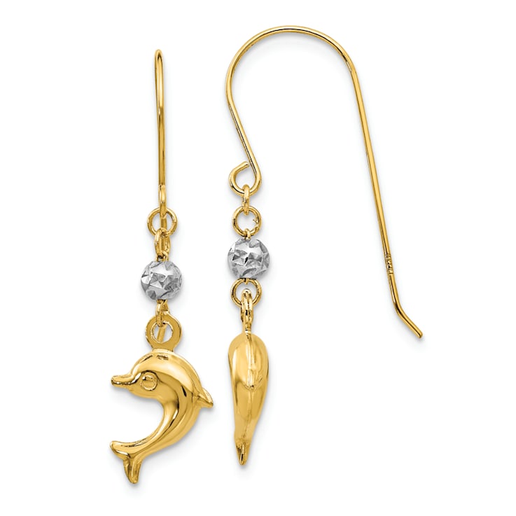 14k Two-tone Gold Puffed Dolphin Dangle Earrings
