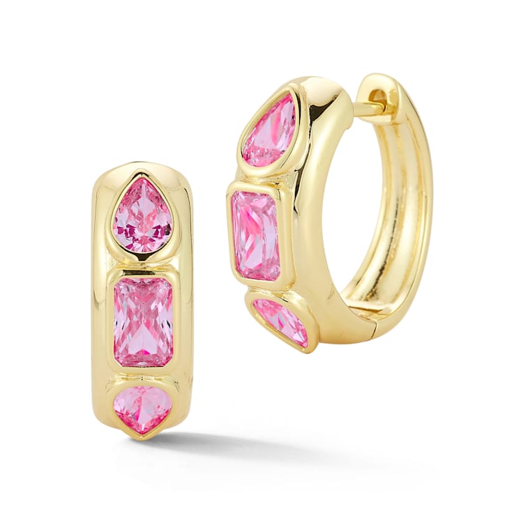 Rachel Zoe Pink CZ 3-Stone Hoop Earrings in 14K Gold Over Sterling Silver