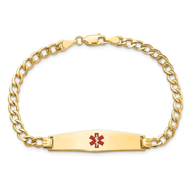 14k Yellow Gold Medical Soft Diamond Shape Red Enamel Curb Link ID Bracelet