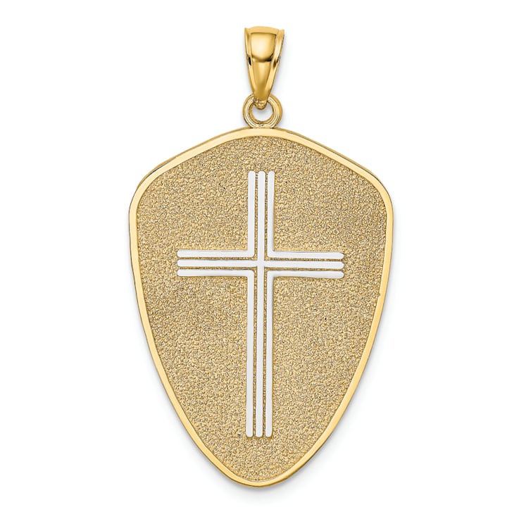 Rhodium Over 14K Two-tone Gold Cross Shield with Joshua 1:9 On Reverse
Charm Pendant
