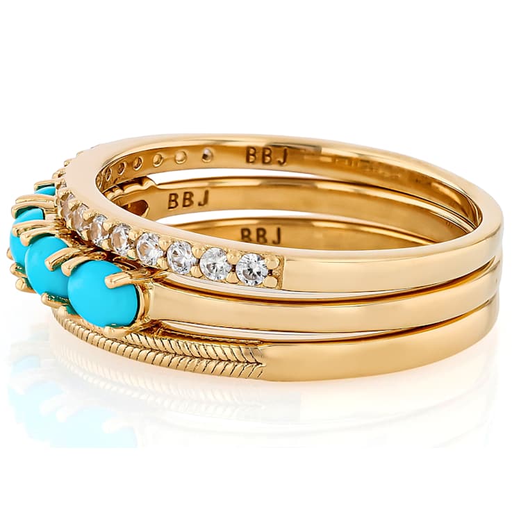 Turquoise And Solid Band Ring Set Of 3 In 18K Gold Over Sterling Silver 0.83ctw