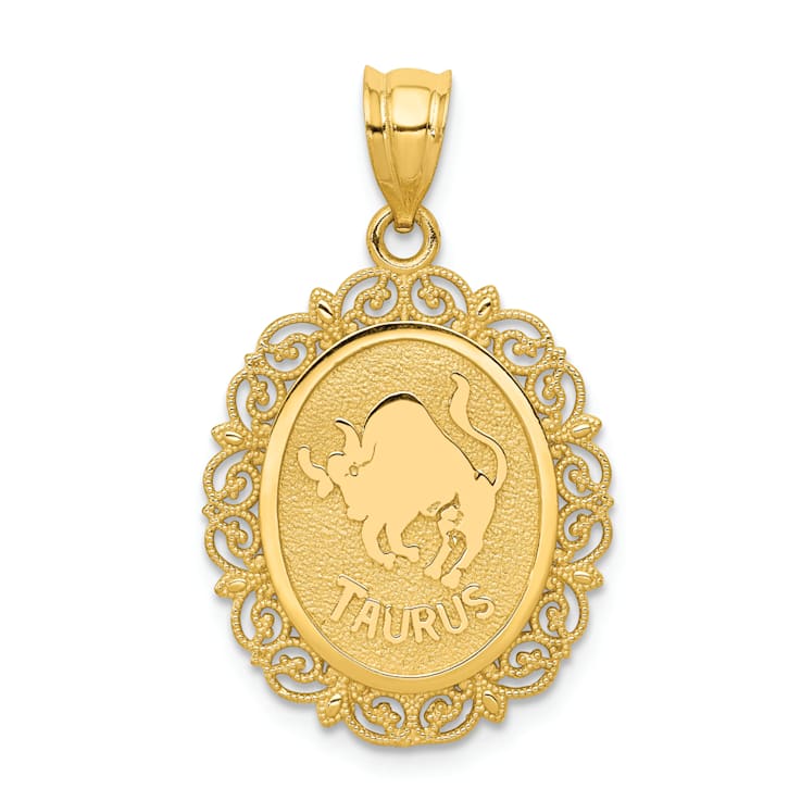 14k Yellow Gold Solid Satin, Polished and Textured Taurus Zodiac Oval Pendant