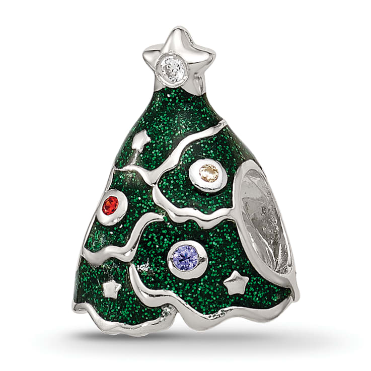 Sterling Silver Enamel Cubic Zirconia Christmas Tree Bead