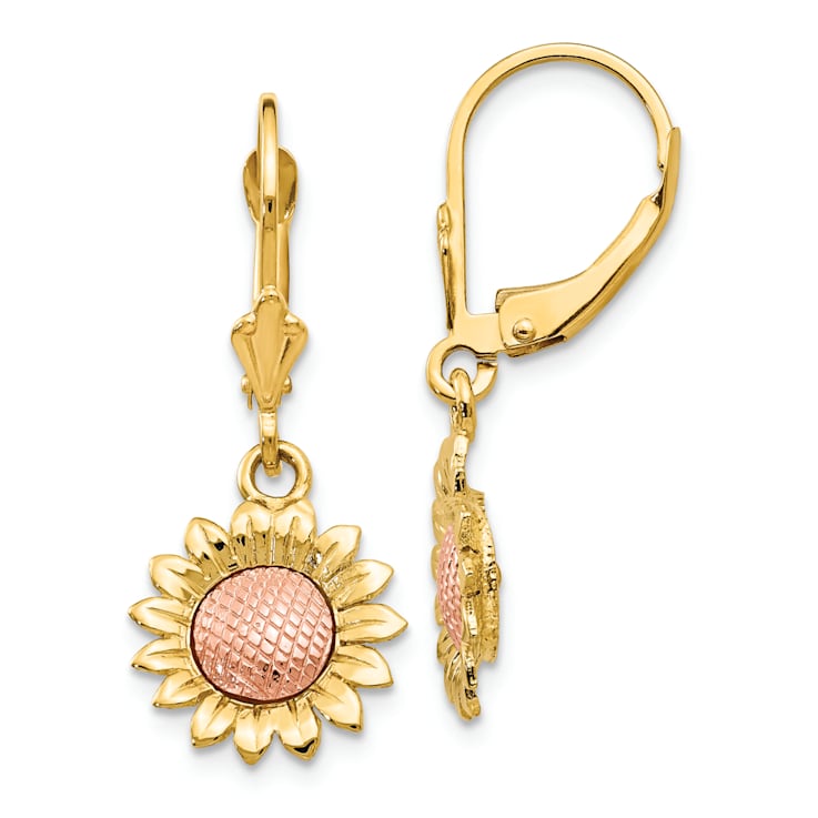 14k Yellow and Rose Gold Polished Sunflower Dangle Earrings