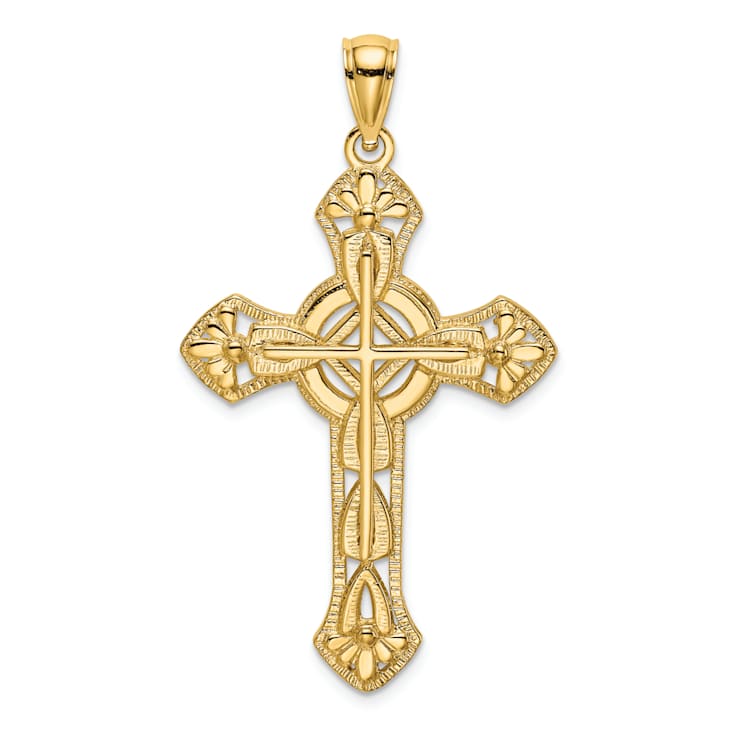 14k Yellow Gold Textured Cut-Out Floral Cross Pendant