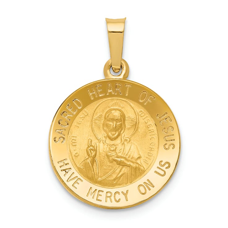 14K Yellow Gold Polished and Satin Sacred Heart of Jesus Medal Hollow Pendant