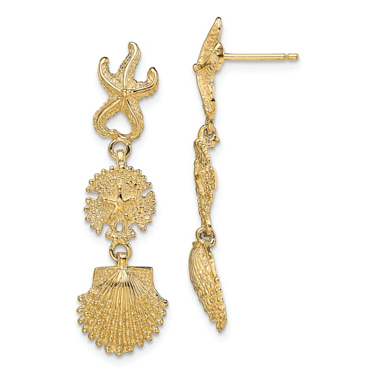 14k Yellow Gold Textured Starfish, Sand Dollar and Scallop Shell Dangle Earrings
