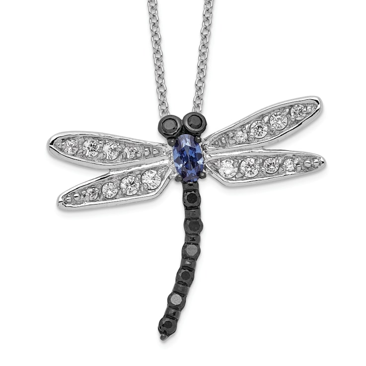 Rhodium Over Sterling Silver White Black Blue Cubic Zirconia Dragonfly Necklace