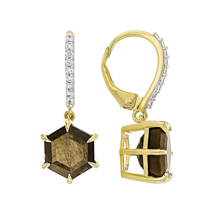 Golden Sheen Sapphire Hexagon Dangle Earrings In 18K Gold Over Sterling
Silver 12.22ctw