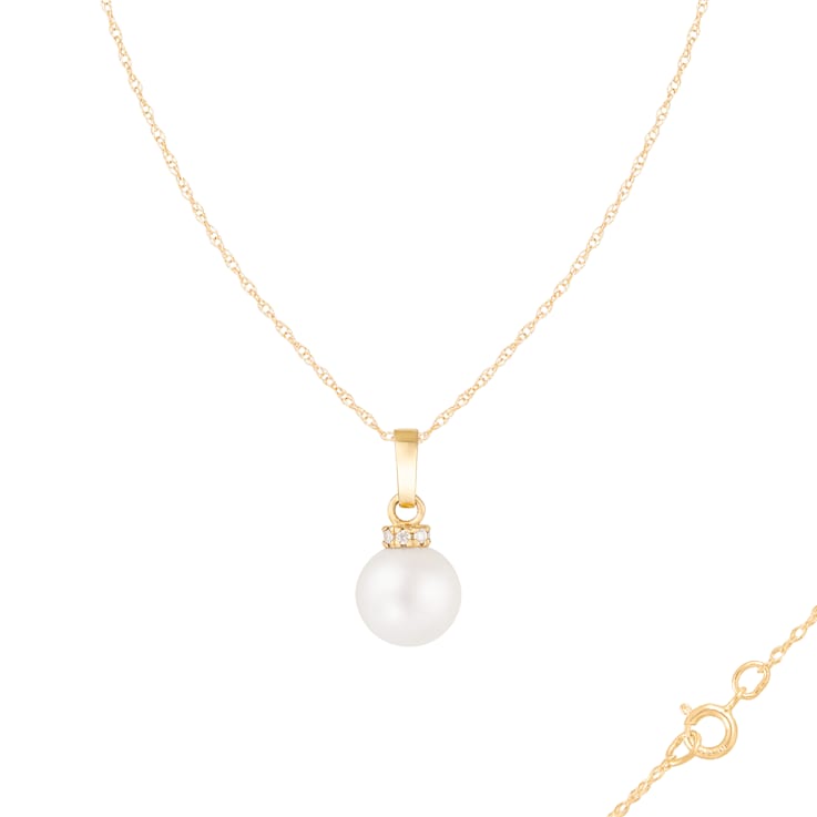 White Cultured Freshwater Pearl and Diamond 14K Yellow Gold Pendant 8-8.5mm