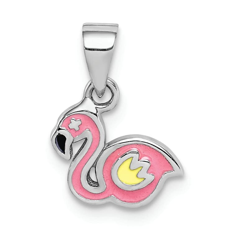 Rhodium Over Sterling Silver Multi-color Enamel Flamingo Children's Pendant