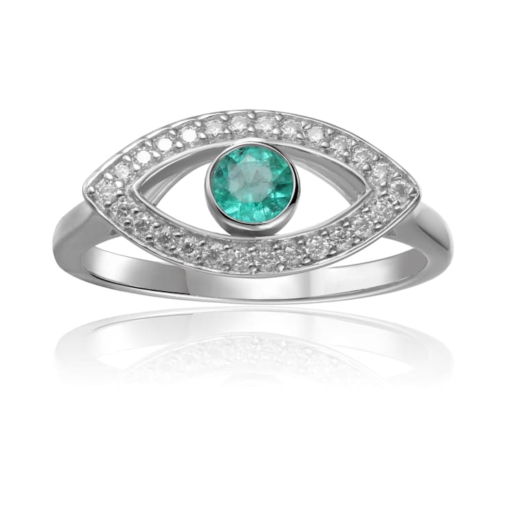 Emerald with Moissanite Accents Rhodium Over Sterling Silver Evil Eye
Halo Ring
