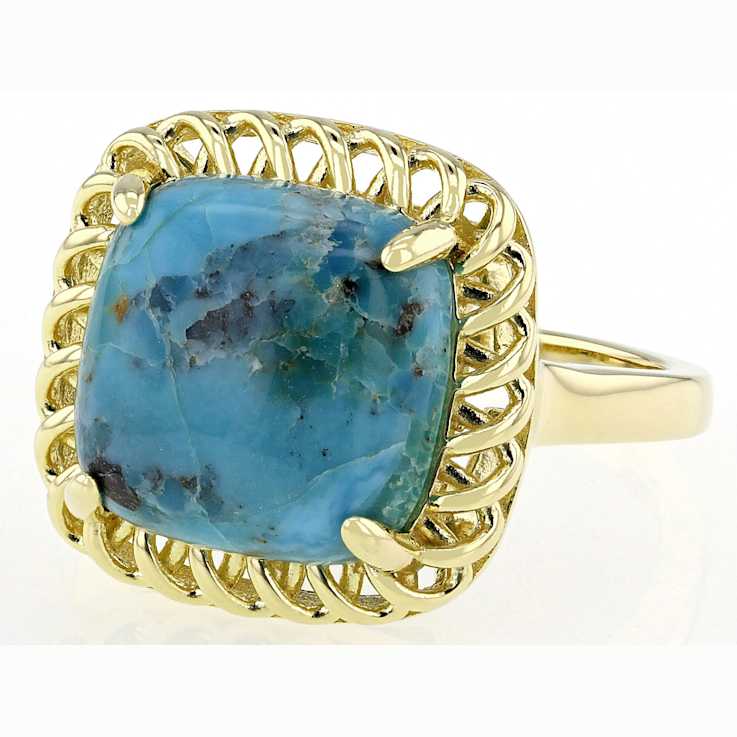 Turquoise Solitaire Ring With Filigree Halo In 18K Gold Over Sterling
Silver 12mm