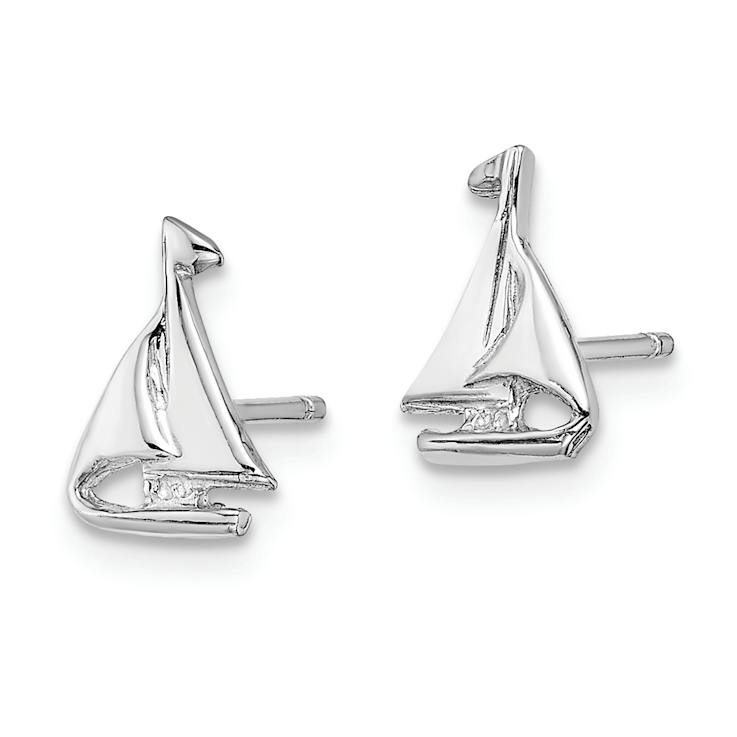 Rhodium Over 14k White Gold Mini Sailboat Stud Earrings