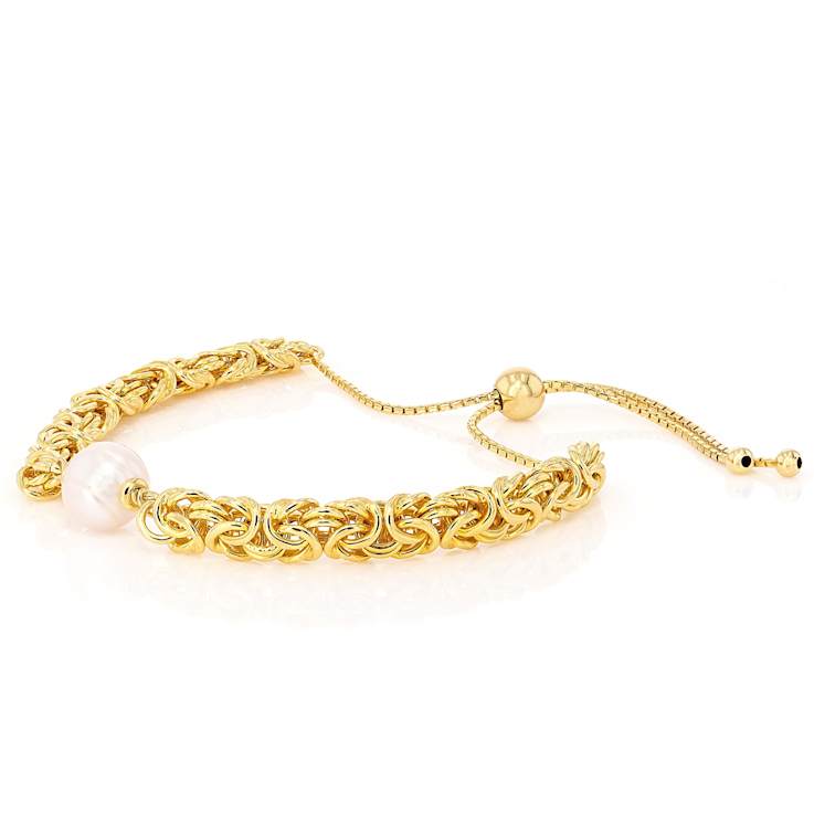 Cultured Freshwater Pearl Bolo Bracelet In 18K Gold Over Bronze 9-10mm