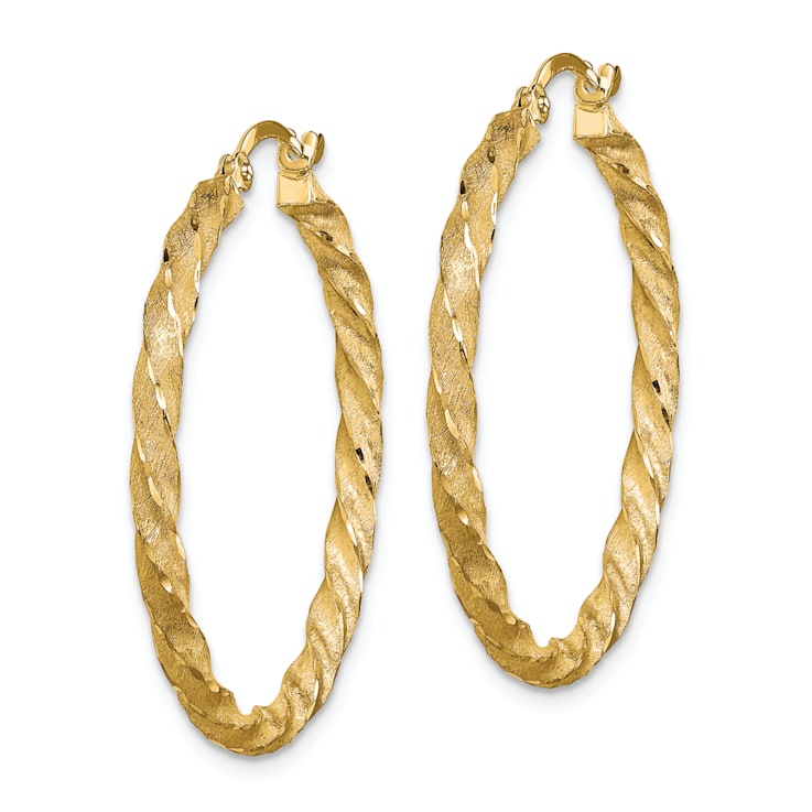 14k Yellow Gold 1 5/16" Twisted Satin and Diamond-Cut Hoop Earrings