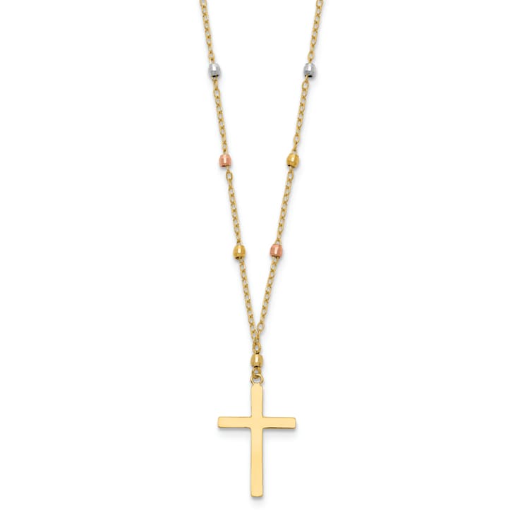 14K Yellow, White and Rose Gold Diamond-cut Beaded Cross Necklace